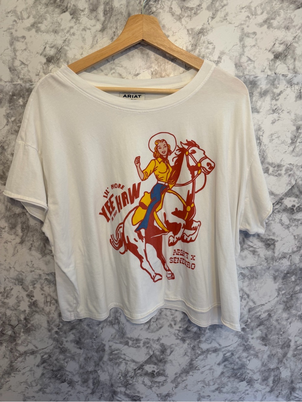 Ariat White Short-Sleeve Tee with Red and Yellow Western Rider Graphic